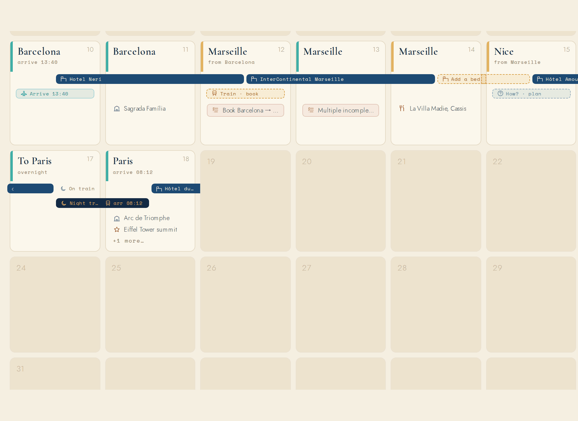 The Trip Calendar in Karvan — spanning stays and gap alerts